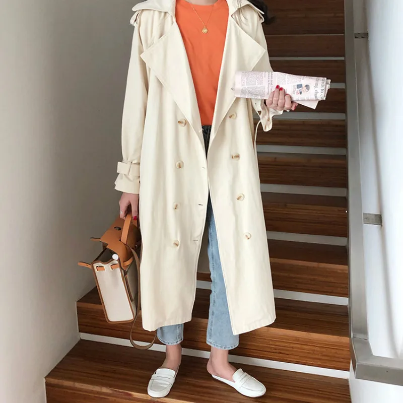 

Women's Double-Breasted Trench Coat with Belt Classical Lapel Collar Loose Long Windbreaker Russia Style Chic Outwear PP284
