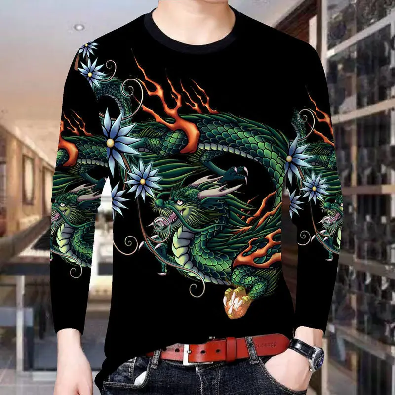 

Men's new 3D green dragon long-sleeved T-shirt red carp print top autumn and winter slim round neck animal horse picture clothes