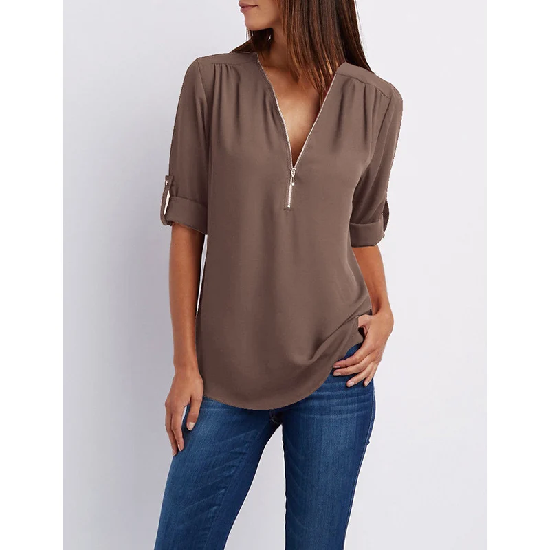 Женская Сексуальная Блузка, рубашки на молнии с v-образным вырезом, топы и блузки размера плюс, женская одежда, повседневные футболки, рубашки более размера d 5XL, roupa feminina - Цвет: CAMEL