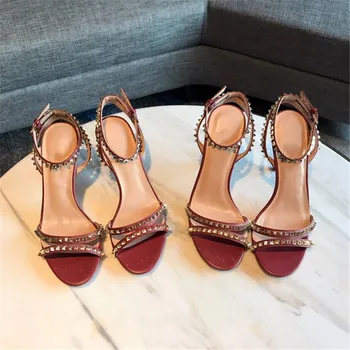 

Women's New Summer Fashion Sandals Genuine Leather Rivet Thin Heels Wedding/Party Ladies Shoes Top Quality Brand Designer Shoes