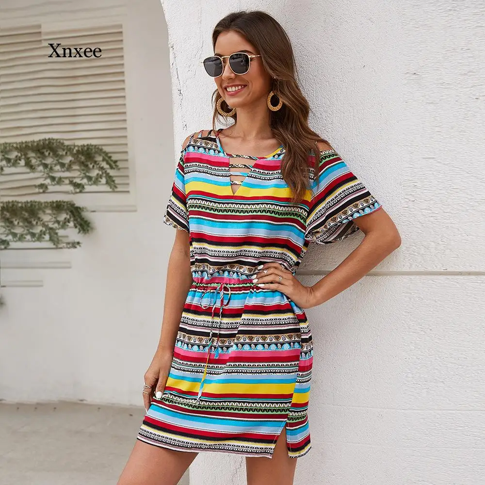 

Boho Fashion Short Sleeve Off Shortlder Loose Casual Dress Lace Up Women Summer Stripe Mini Ladies Dresses Robe Femme Clothing