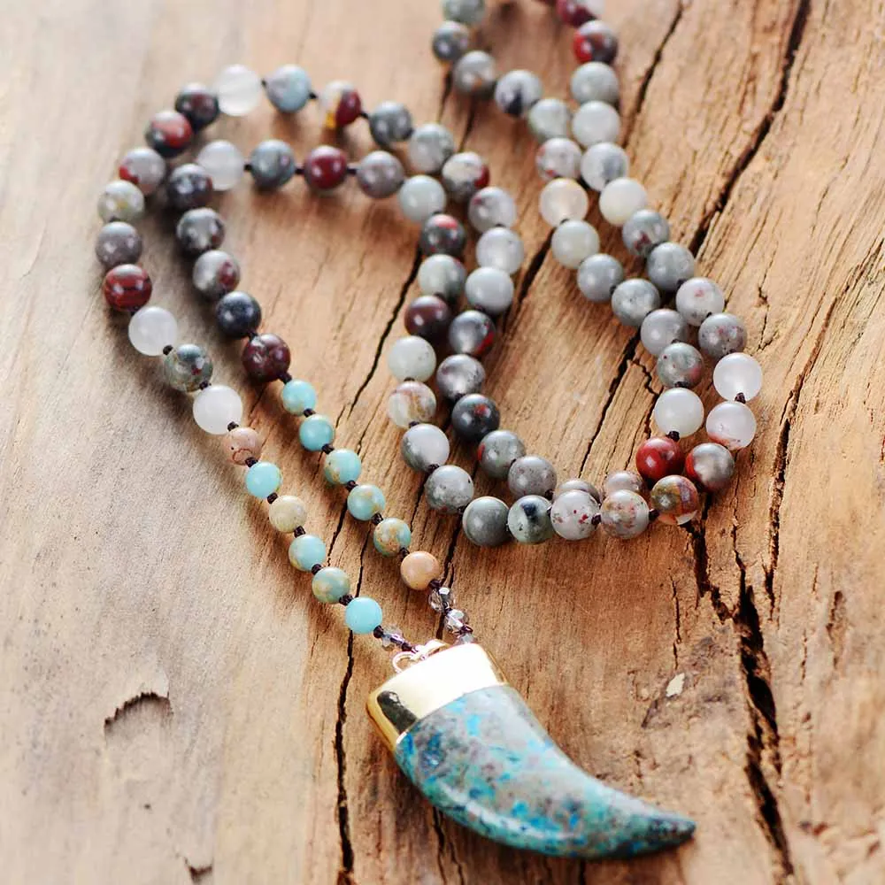 Tusk Necklace High Quality 8MM Natural Stones with Stone Pendant Collier Long Bohemian Bijoux Femme Jewelry Accessory | Украшения и