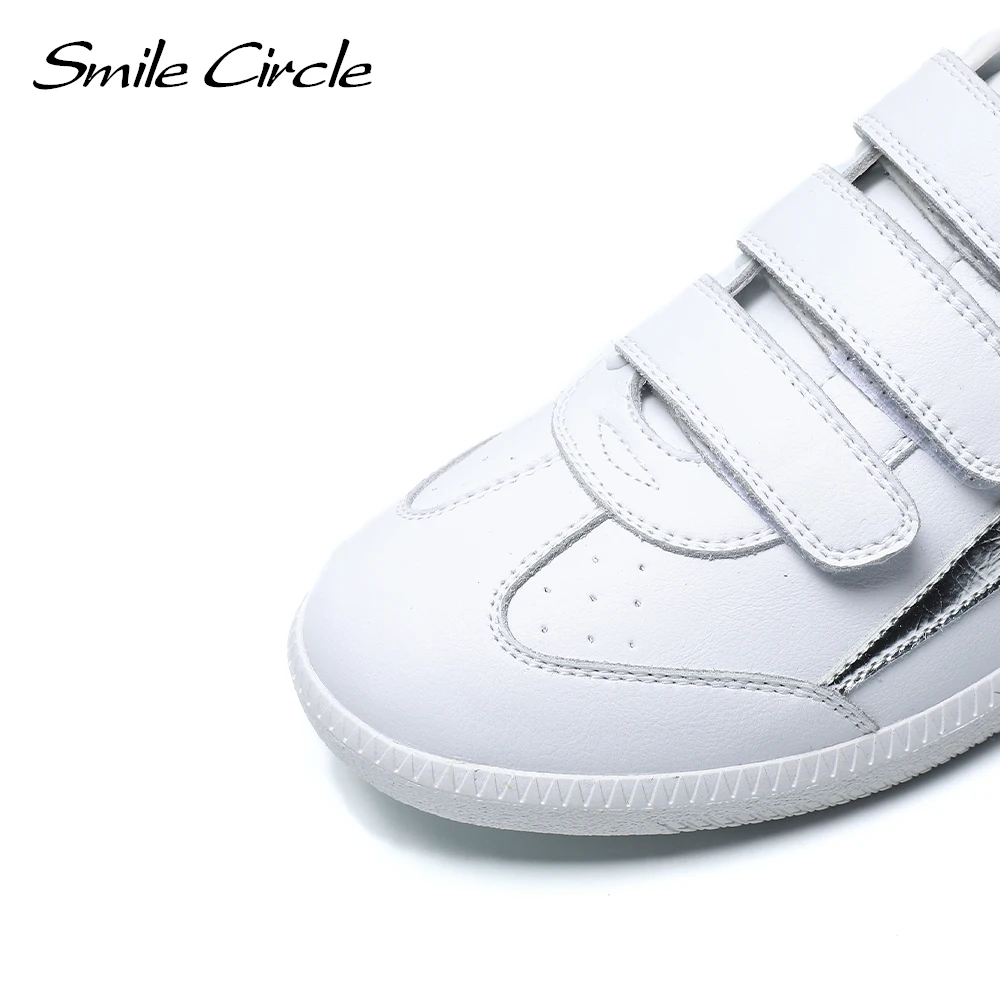 Smile Circle/весенние белые кроссовки Женская кожаная обувь на плоской платформе с