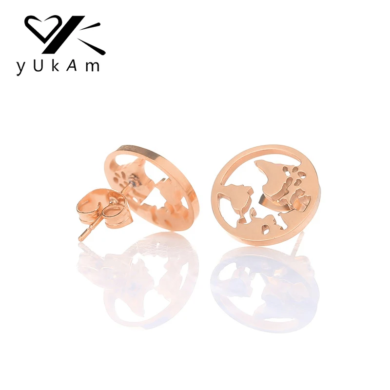 

YUKAM Jewelry Stainless Steel Silver Gold Globetrotter Earth Map Stud Earrings for Women Hollow World Map Earrings Travel Gifts
