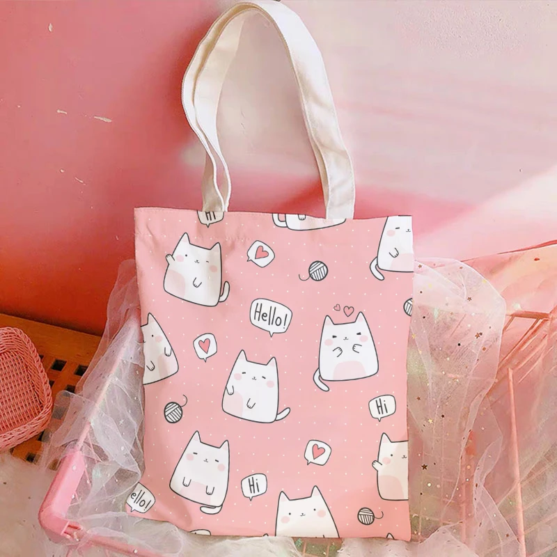 New Fashion Ladies Canvas Shoulder Bag Cute Animal Pink Sweet Girl Handbag Casual Harajuku Light Storage Bag Funny Shopping Bag