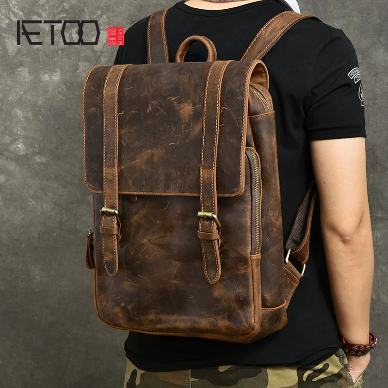 

AETOO Mad Horse leather men's leather shoulder bag, vintage do old thin leather backpack