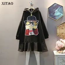 XITAO Tide размера плюс Кот лоскутное Бисероплетение платье женская одежда Мода свободное повседневное с капюшоном воротник элегантное платье DMY1644
