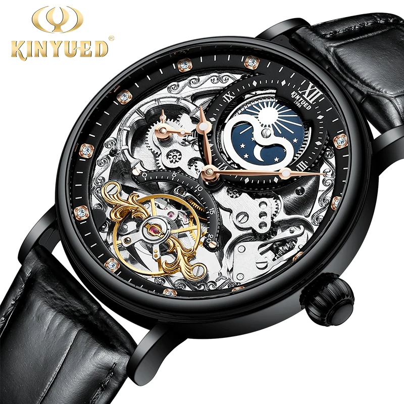 KINYUED Скелет дизайн подлинный черный ремень водонепроницаемый Tourbillon для мужчин