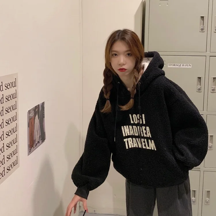PX3382 2020 new lamb wool hooded loose letters