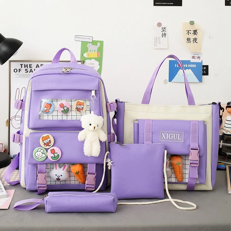 2021 New 4 Pcs Set Kawaii Women's Backpack Purple Colours Cute Canvas School Bags for Teenage Girls College Student Kids BookBag