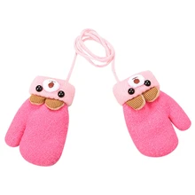 Милые детские зимние варежки для маленьких мальчиков и девочек, теплые вязаные перчатки с веревкой, Мультяшные варежки с длинными пальцами, перчатки для малышей