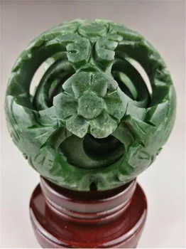 

COPPER STATUE Chinese Green Jade Carving Fengshui Dragon Ball Magic Flower And Bird Statue And Wood Base