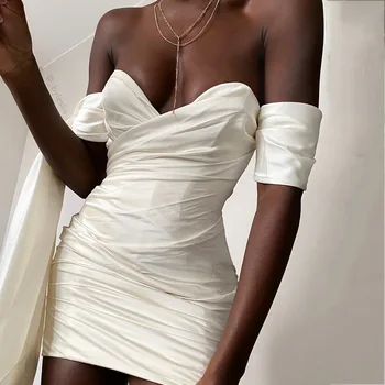 

Fashion Sexy Off Shoulder V Neck Strap Pleated Mini White Bodycon Dress Women's Dress Summer Streetwear