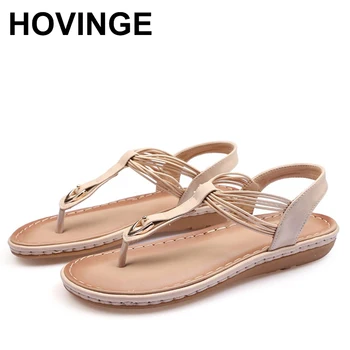 

HOVINGE Fashion Flat Sandals Casual Flip Flops Women Leather Breathable Sandals Rubber Beach Sandals Summer Bohemian Slippers