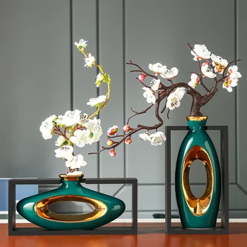 

Home decoration vase study Bogujia crafts ceramic vase ornaments creative Wooden frame vase minimalist wine cabinet decorations