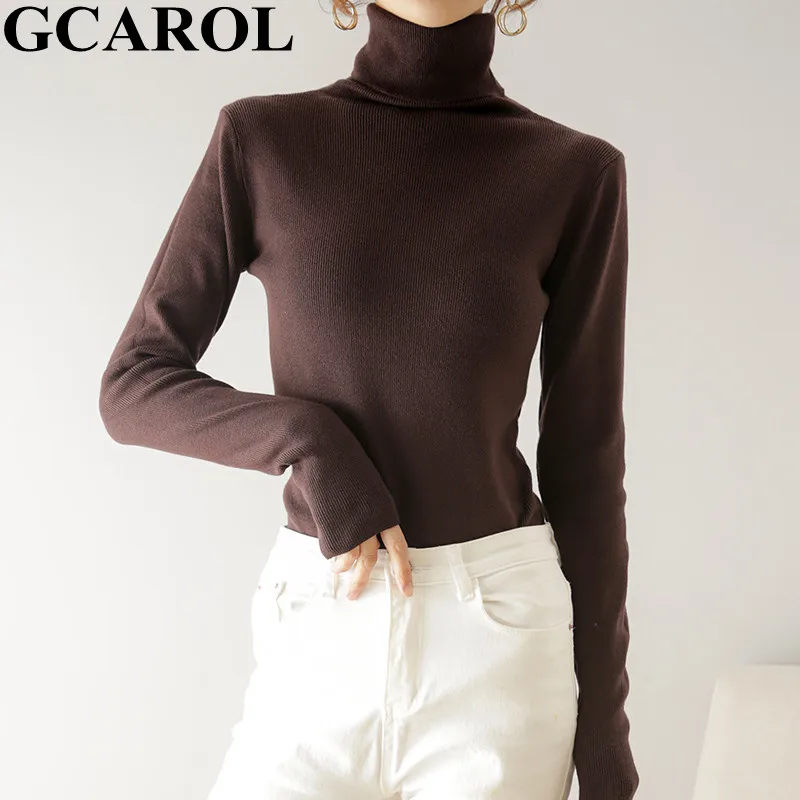 

GCAROL Fall Winter Women Turtleneck Sweater Slim Close-fitting Pinstripe Jumper Stretch Warm OL Basic Knitted Pullover Top