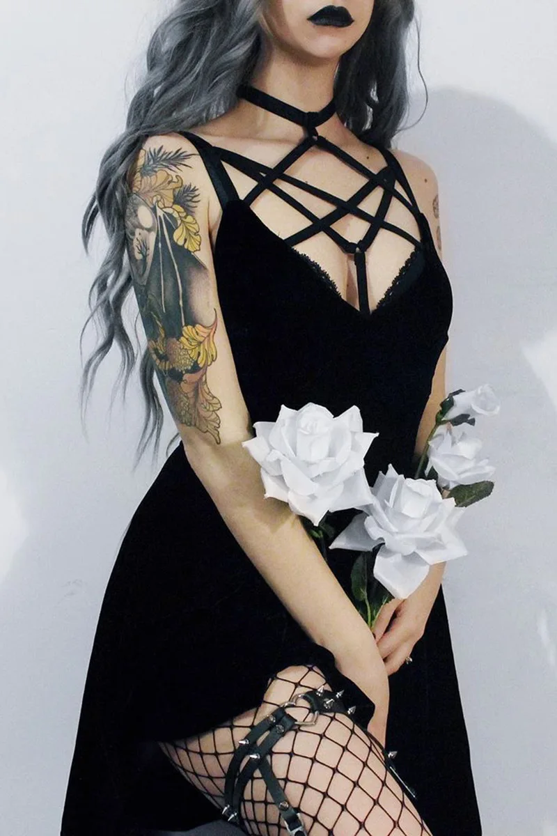 Fitshinling Grunge Goth одноцветное осеннее платье мягкое Открытое Харадзюку с открытой