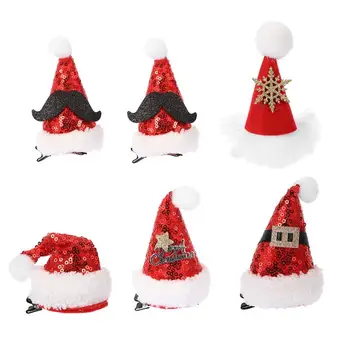 

6Pcs Christmas Hat Red Sequin Barrettes Party Festival Exquisite Girls Hairpins Headdress Hair Accessories