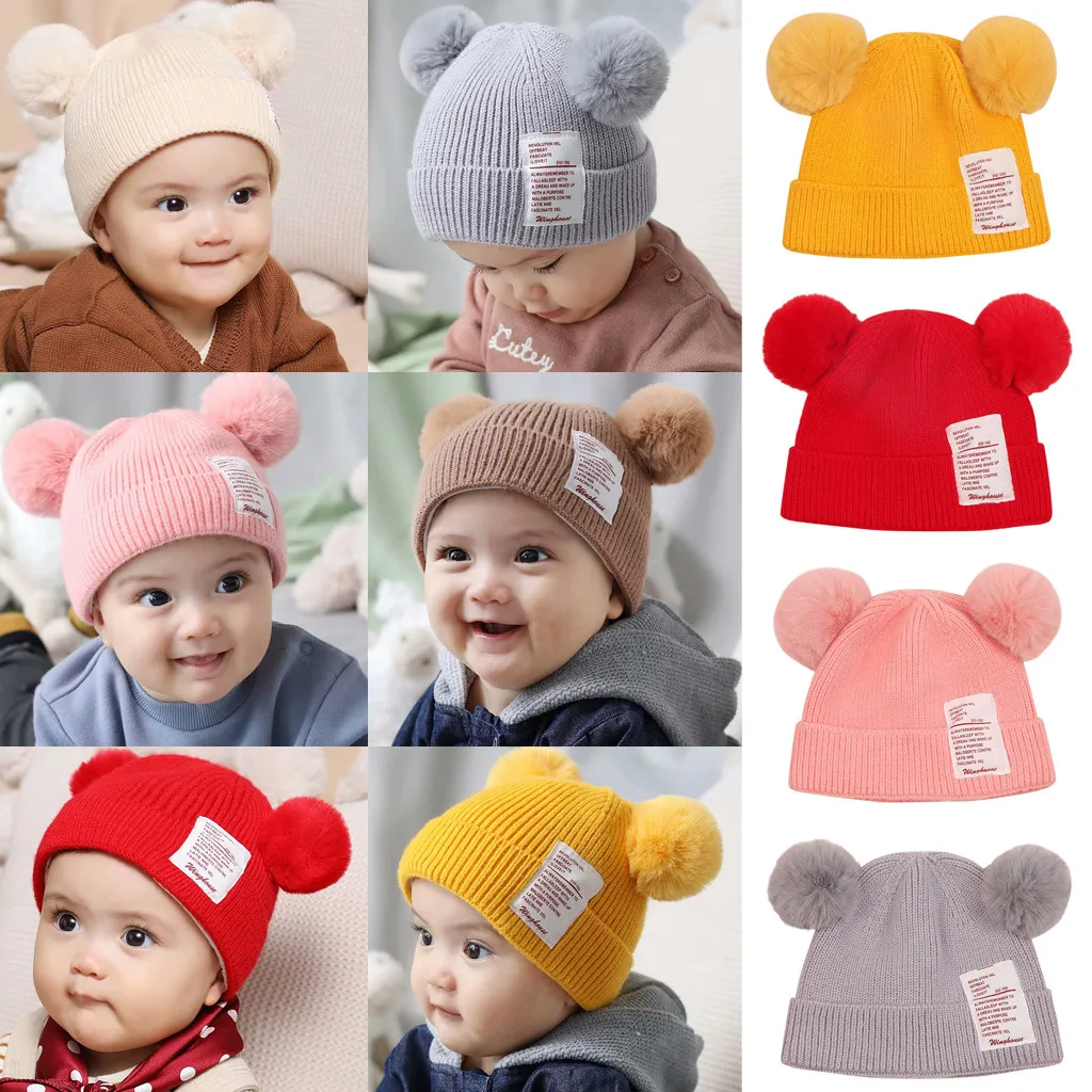 

Winter Baby Boy Girl Hat Cute Bear Toddler Earflap Beanie Warm Crochet Knit Cap Solid color double ball cap baby warm winter hat