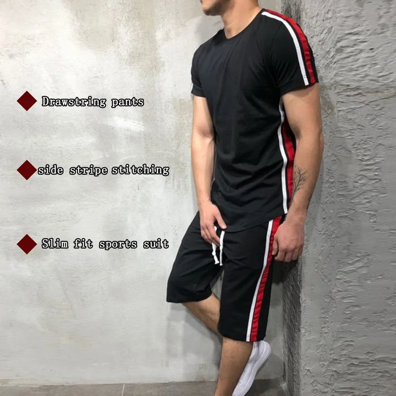 Flash Sale PUIMENTIUA Mens Hiphop Tracksuit Sets Summer Short Sleeve T Shirt And Shorts Sporting Set Side Stripe Fashion 2 Pcs T Shirt Sets