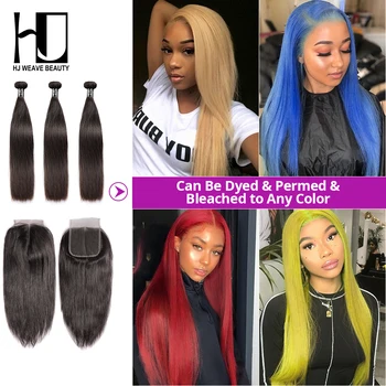 

8A HJ Weave Beauty Peruvian Straight Human Hair Bundles With Closure Hair Weave Bundles Virgin Hair Straight Free Shipping