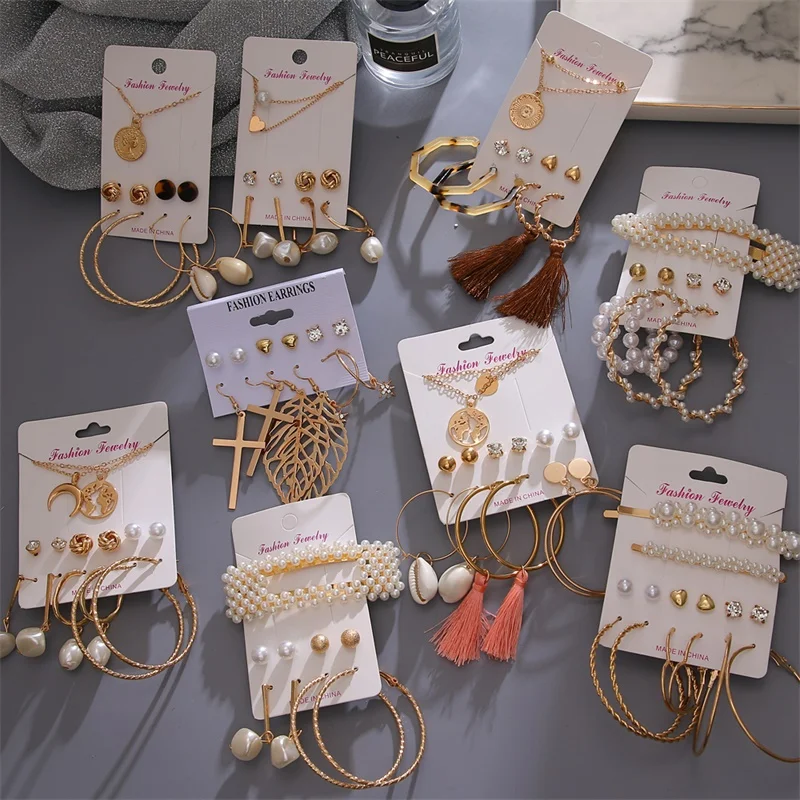 FNIO Fashion Circle Round Pearl Hoop Earrings Set For Women Bohemian Acrylic Crystal Brincos 2020 Earring fashion Jewelry | Украшения и