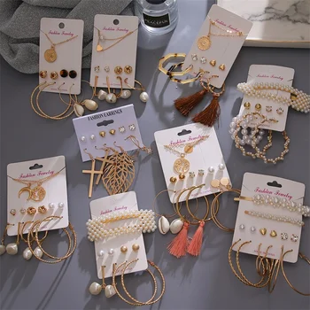

FNIO Fashion Circle Round Pearl Hoop Earrings Set For Women Bohemian Acrylic Crystal Brincos 2020 Earring fashion Jewelry