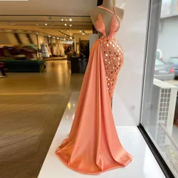 New Sexy Formal Prom Dresses Beading Sequined Pleat Sweep Train Sleeveless Long Evening Party Dress Robe De Soirée De Mariage