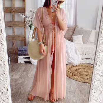 

2020 Summer Solid Lace Beach Cover Up Long Cardigan Lace Up Swimwear Beach Dress Beach Wear Swimsuit