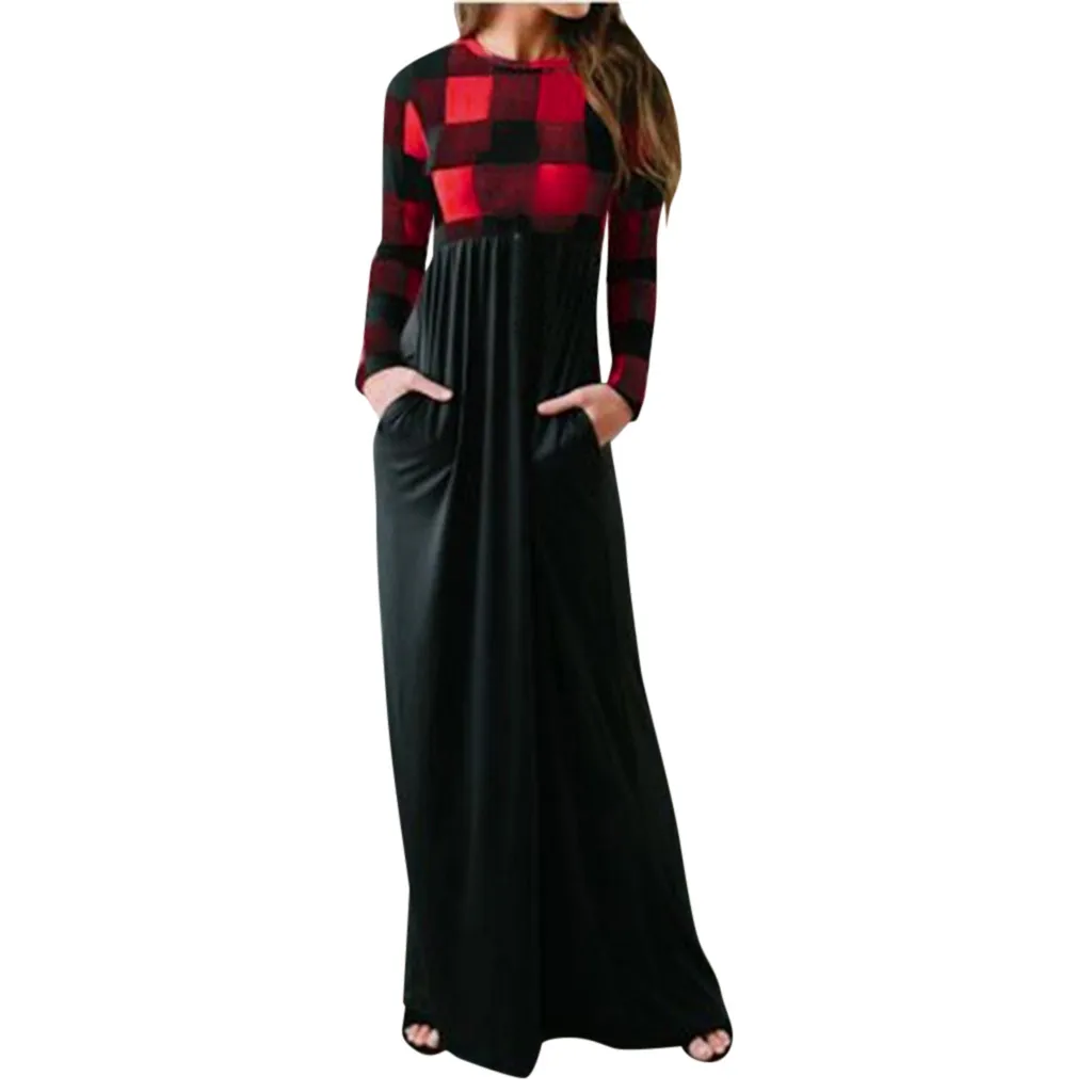 KLV женское платье модное женское осенне-зимнее повседневное длинное платье с длинными рукавами и круглым вырезом с принтом D4 - Цвет: C