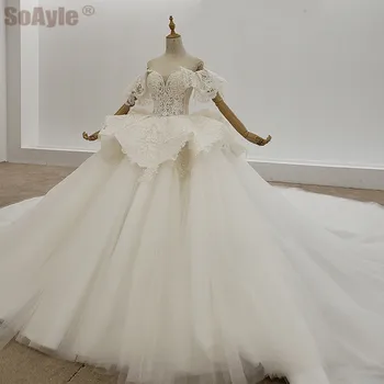 شراءSoAyle الكرة ثوب فساتين الزفاف 2020 تكدرت الفاخرة زينة مطرزة ربطة القوس فيونكة قارب الرقبة بلا أكمام الدانتيل فستان الزفاف