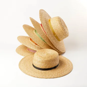 

New fashion casual narrow webbing decorative flat Wheat straw hat outdoor travel cap shade flat hat