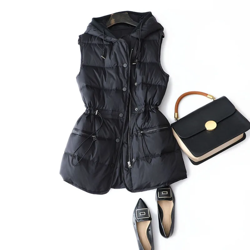 

Women Vest Winter Hooded down Waistcoat Casual Sleeveless 80% White Duck Down Outwear Female Vest