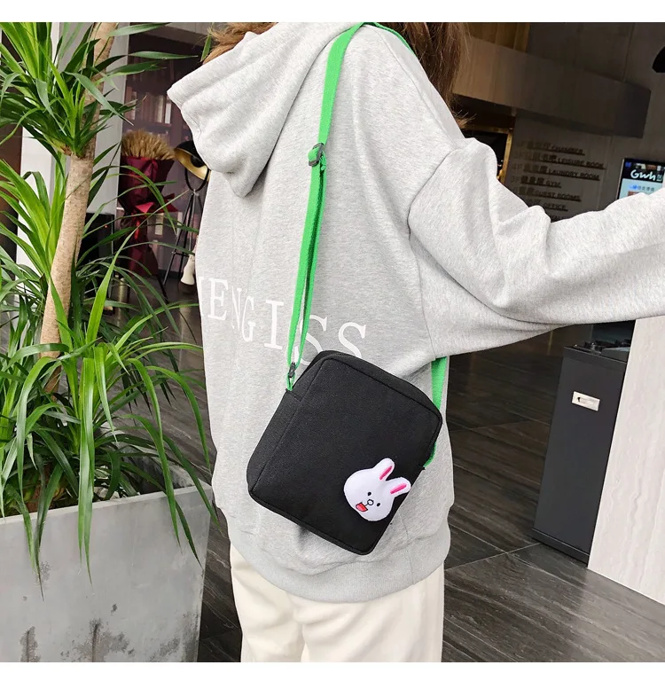Solid Color Simple Canvas Square Sling Bag Cartoon Cute Rabbit Shoulder Bag Versatile MORI Series Shoulder Bag Phone Coin Purse