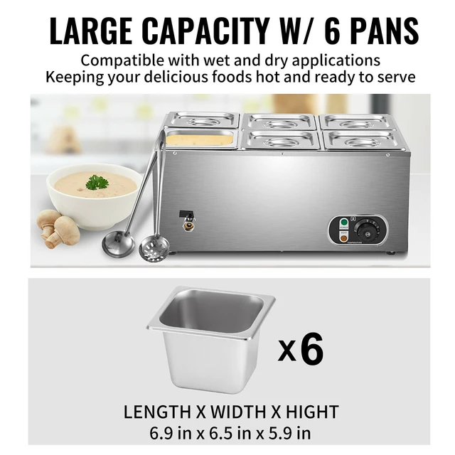 VEVOR Commercial Food Warmer 24qt Bain Marie 1200W Electric Buffet Warmer Soup Warmer Stove Steam Countertop Stainless Steel Container Temperature