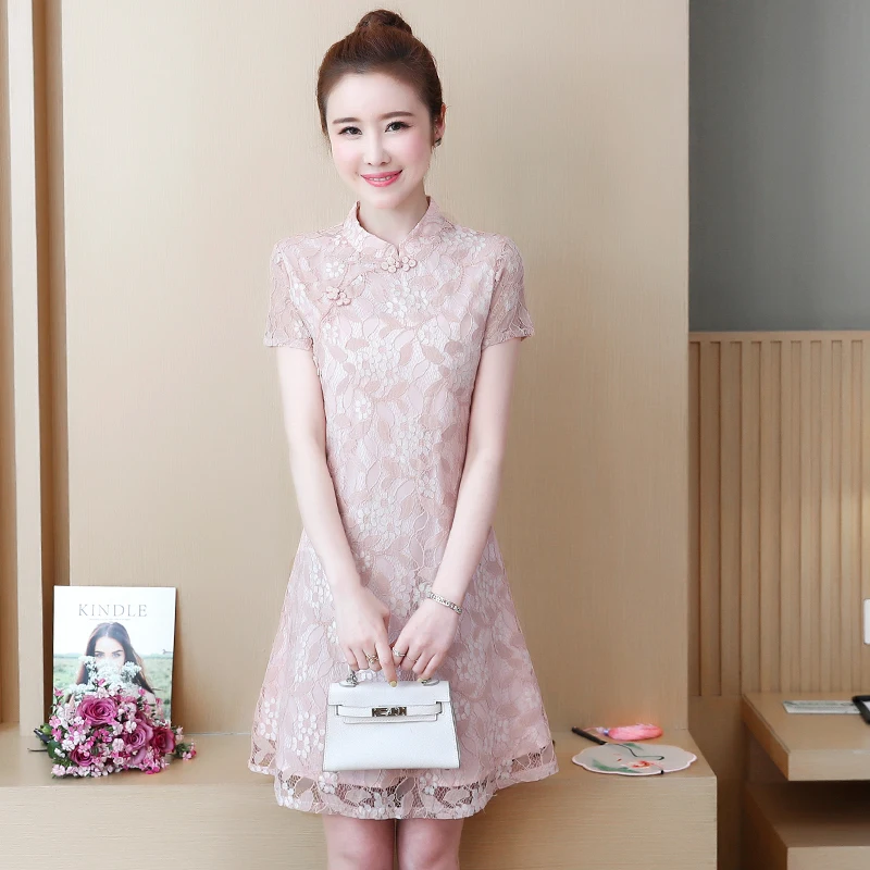 Китайское традиционное свадебное платье cheongsam Восточное женское элегантное qipao сексуальное кружевное короткое платье с вышивкой qipao - Цвет: color1