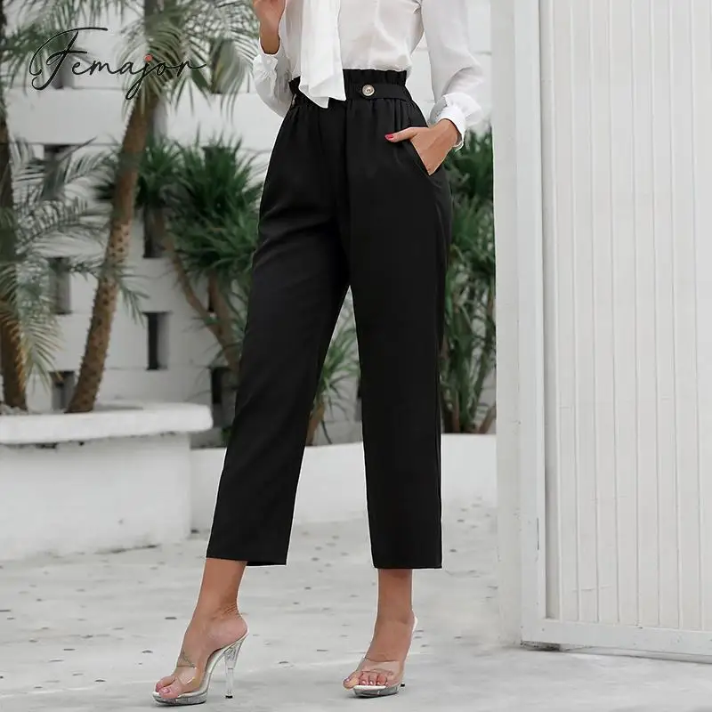 

Femajor Women Black Harem Pants Ladies Fashion Button Elastic Waist Trousers Female Plus Size Autumn Winter Blazer Pants