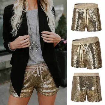 

Glittering Women's Ladies Girls Sequined Night Elastic Lace Up Straight Skinny Gold Bottoming Shorts Party Short Trouser