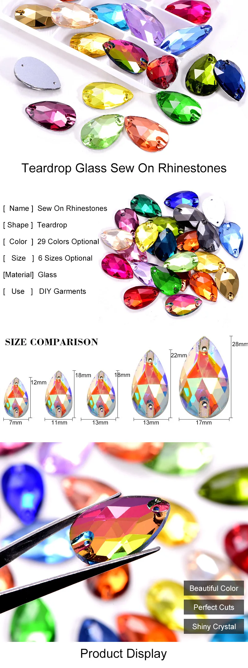 6 размеров стеклянная Каплевидная форма пришить на Стразы Красочные пришивные камни с плоским основанием одежда для одежды Ювелирные изделия для одежды B1286