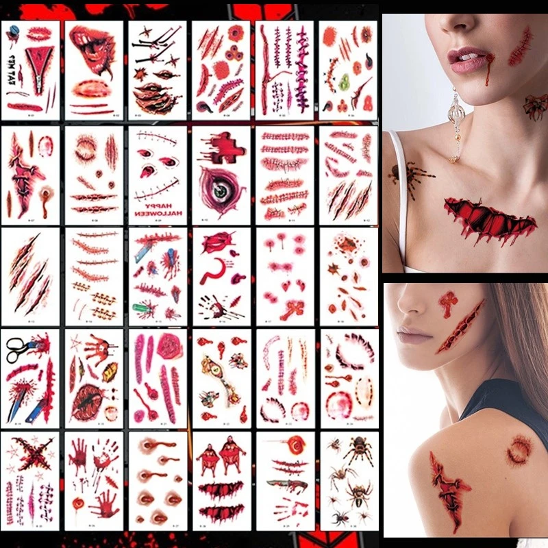 

30Pcs / Set No Repeat Halloween Tattoo Realistic Terror Wound Temporary Fake Scar Body Sticker Disposable tatouage temporaire