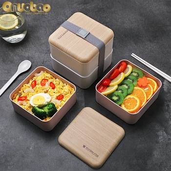 

[Onuobao] Double layer 1.4L Lunch Box for Women&Men&Kids Nordic Imitation Wood Style Square Lunch Box Microwave Oven Applicable