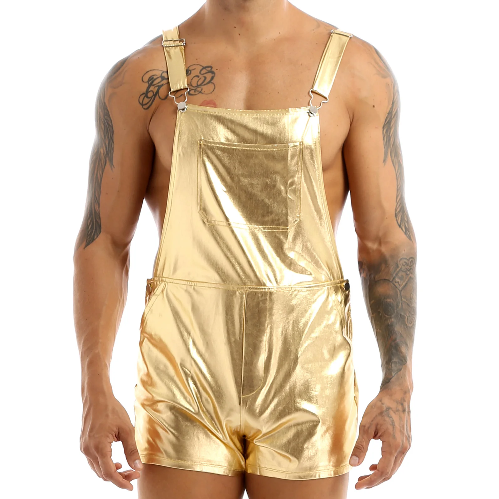 Mens Shiny Metallic Bib Overall Suspender Shorts Jazz Hip Hop Leotard Dance Costumes Shoulder Straps Jumpsuit Suspender Romper 3