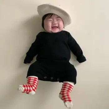 

Ins Japan Toddler Baby Boys Girls Jumpsuit with Hat Pure Color Baby Stripe Connected Loose Rompers Kids Long-Sleeve Jumpsuit