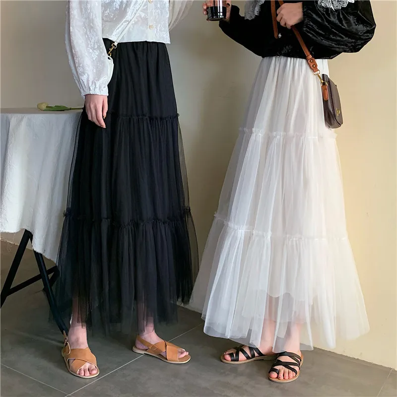 

Real shot 2020  Korean version of the half length fairy skirt with multi-functional wooden ear edge and mesh