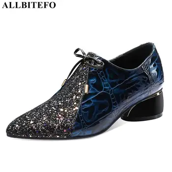 

ALLBITEFO genuine leather+Sequins thick heels casual women shoes women high heel shoes brand high heels office ladies shoes