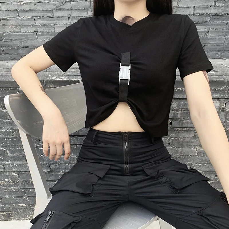 Black Goth Womne Personality T-shirt 2020 Autumn Lady Street Plastic Buckle Short-length Pleated Tshirt Short-sleeve Hipster Top