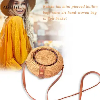

Mini Beach Shoulder Bag Woven Handmade Rattan Women Round Straw Messenger Bags for Outdoor Shopping Traveling Ornaments