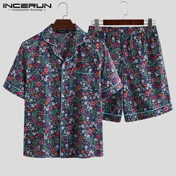 

INCERUN Men Floral Printed Pajamas Sets Leisure Homewear Short Sleeve Lapel Sleepwear Shorts Soft Comfy Unisex Nightwear Sets