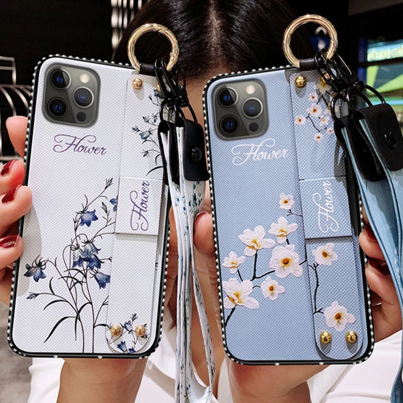 Чехлы с ремешком на запястье для iPhone 12 11 Pro MAX SE 2020 7 8 6 6S Plus X XS XR винтажный цветочный
