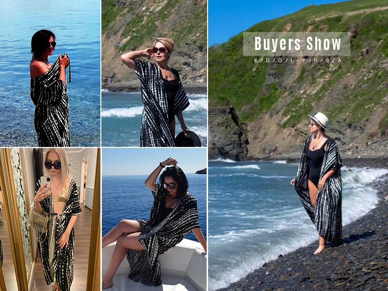 2022 Sexy Black Retro Striped Batwing Sleeve Self Belted Plus Size Long Kimono Tunic Women Tops and Blouses Shirts Q1225 crochet bathing suit cover up